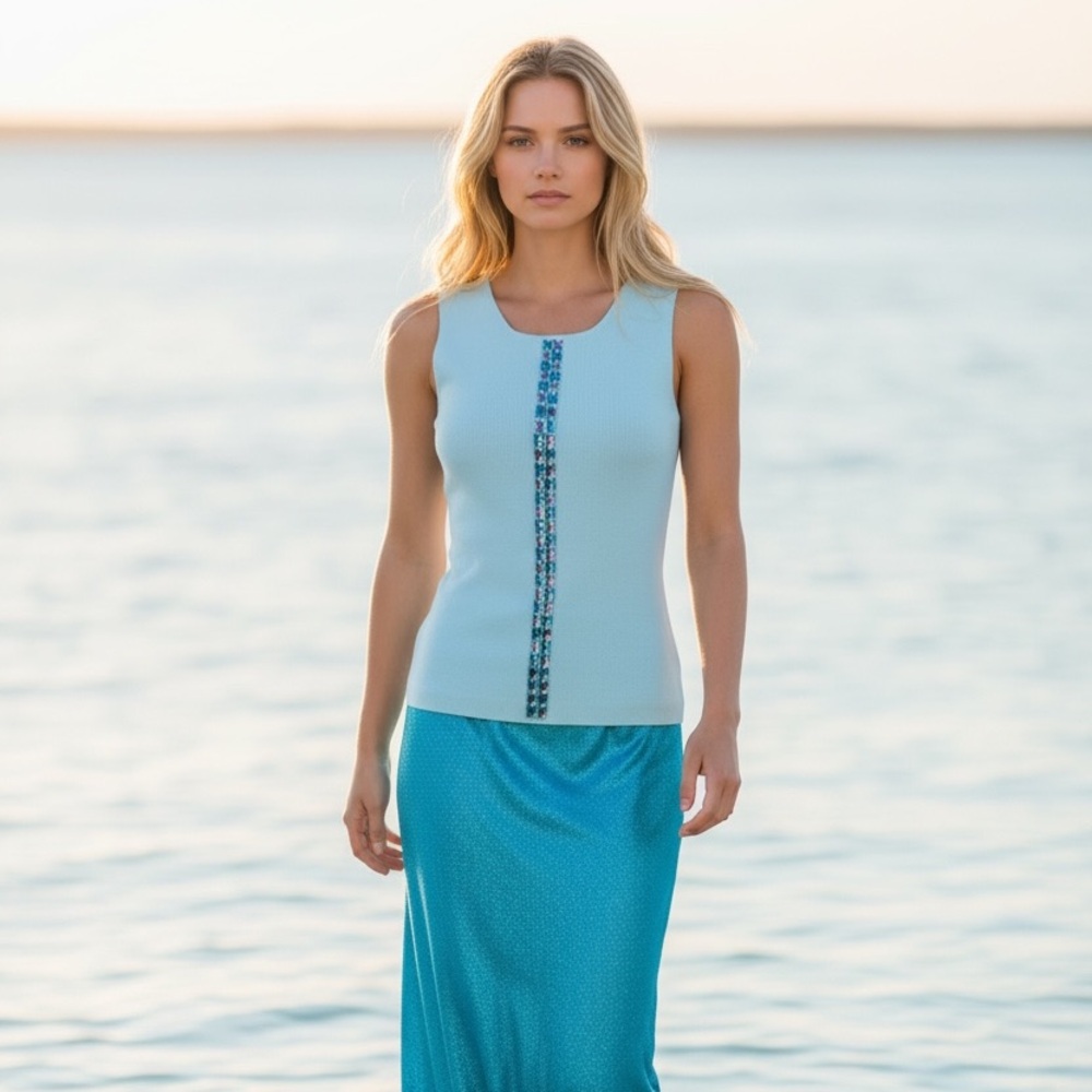 Light blue sleeveless knit top with aqua blue and clear crystals - Picture 3 of 15